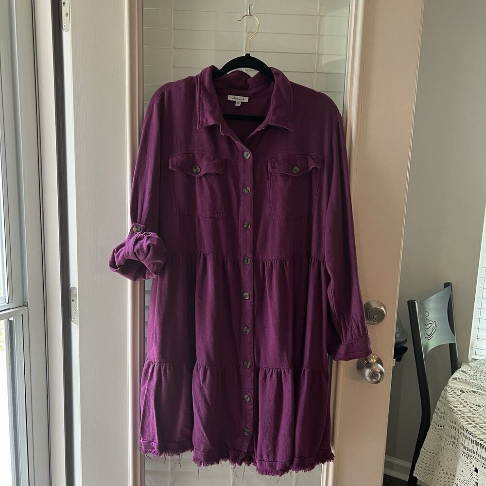 White Birch Dress 2Xl Linen Blend Tiered Raw Hem Distressed Roll Tab Sleeves - Picture 1 of 5